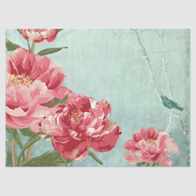 Papel De Seda Pájaro de Peony Floral Mint Rosa Borgoña Retro Chi (Anverso)