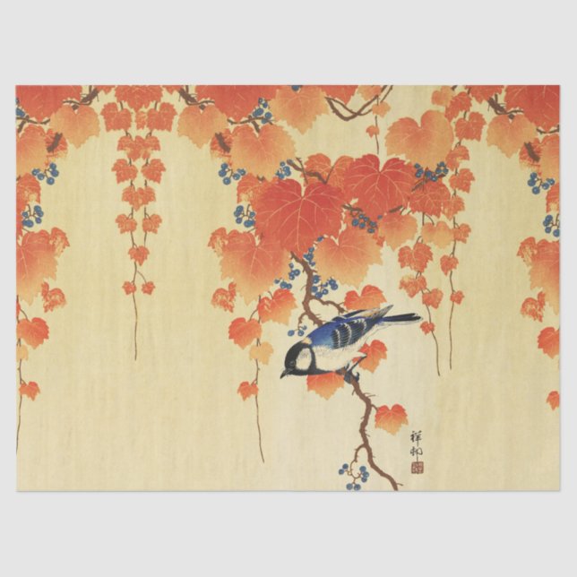 Papel De Seda Pájaro de tit azul, rama de Paulownia, hojas de ot (Anverso)