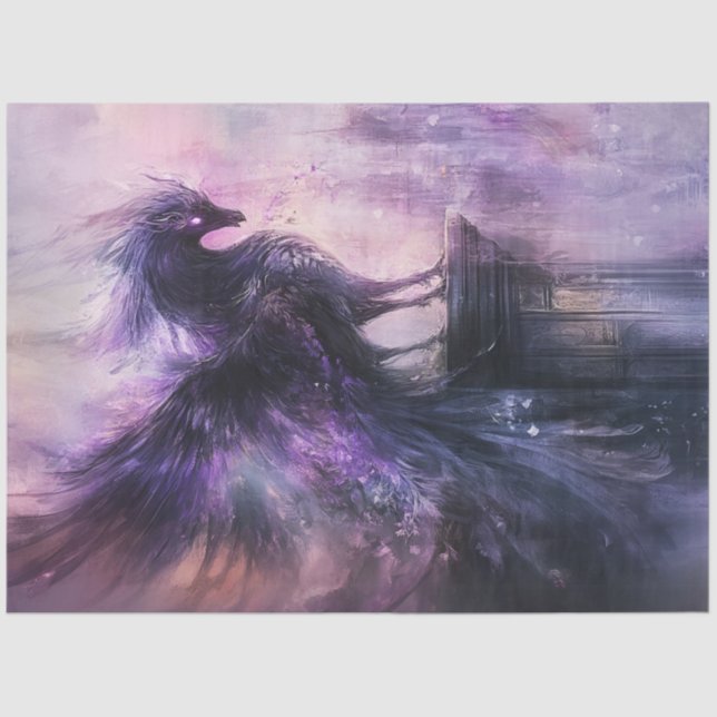 Papel De Seda Pájaro mítico desmoronado plumas negras moradas (Anverso)