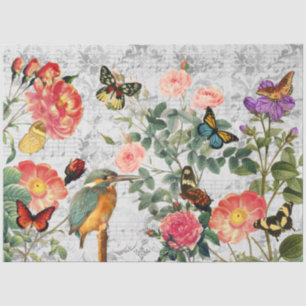 Papel De Seda Pájaro vintage, flores mariposas música, Decoupage