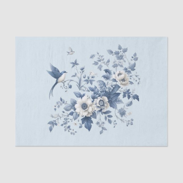 Papel De Seda Pájaro y floral azul de chinoiserie (Anverso)