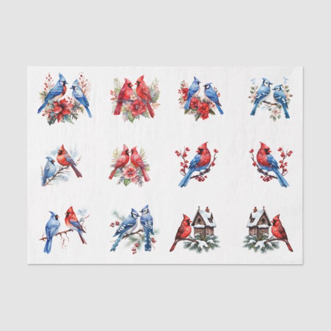Papel De Seda Pájaros Azules Cardenales Acuarela Elementos Decou (Anverso)
