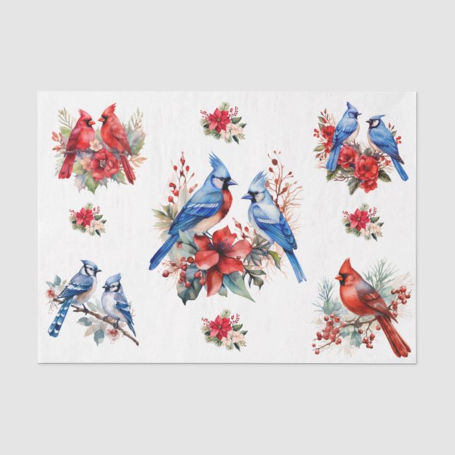 Papel De Seda Pájaros Azules Cardenales Acuarela Elementos Decou (Anverso)
