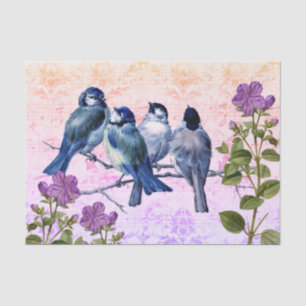 Papel De Seda Pájaros Azules Vintage, Flores Música de Naranja a