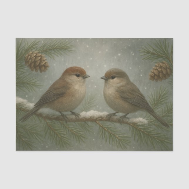Papel De Seda Pájaros cantores de invierno en una rama nevada (Anverso)