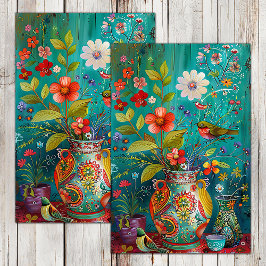 PAPEL DE SEDA PAJAROS COLORIDOS CON FLORES EN FLORERO DECOUPAGE