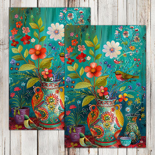 PAPEL DE SEDA PAJAROS COLORIDOS CON FLORES EN FLORERO DECOUPAGE