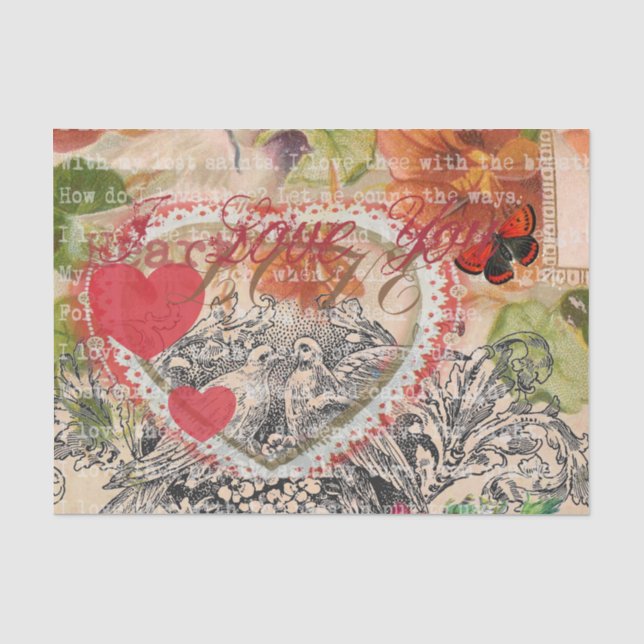 Papel De Seda Pájaros de Amor Corazón Rojo Collage Artístico (Anverso)