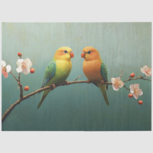 Papel De Seda Pájaros de Amor en una Rama Floral Rosa Decoupage