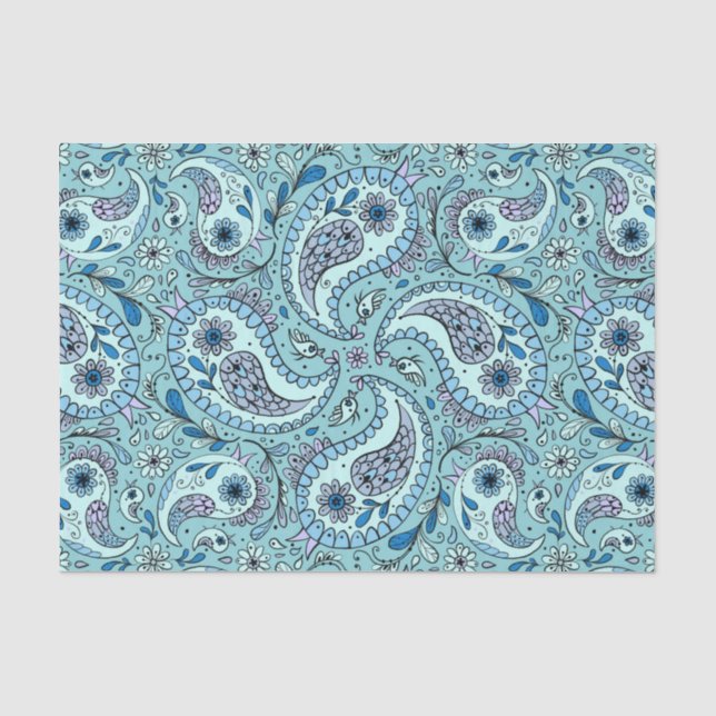 Papel De Seda Pájaros de paisley en azul bebé (Anverso)