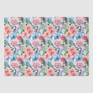 Papel De Seda Pájaros de patrón floral Flores de oliva Azul verd