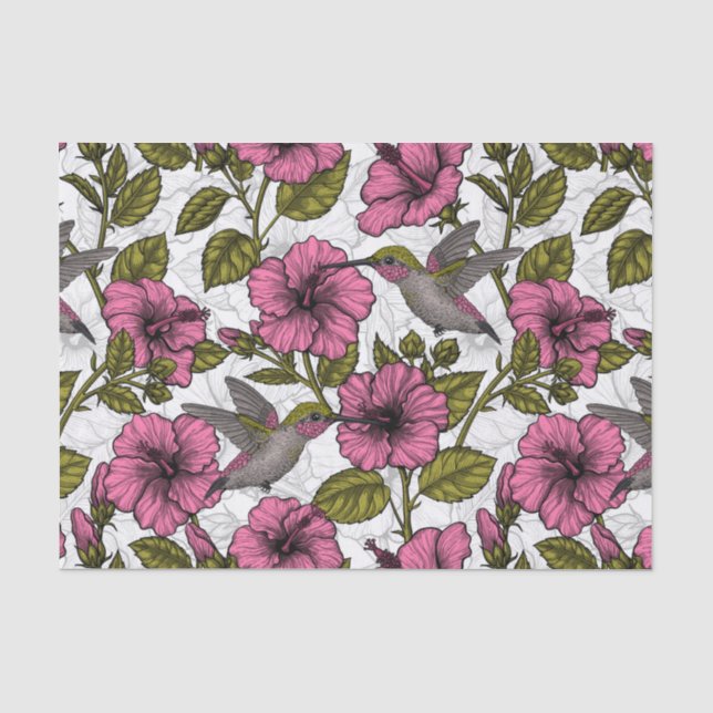 Papel De Seda Pájaros húmedos y flores de hibisco rosa (Anverso)