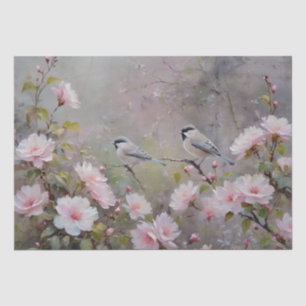 Papel De Seda Pájaros pequeños con flores florecientes