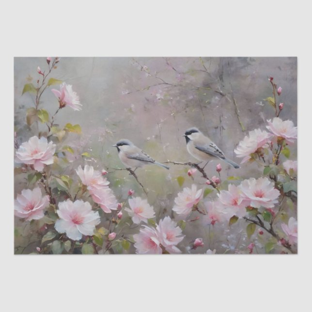 Papel De Seda Pájaros pequeños con flores florecientes (Anverso)
