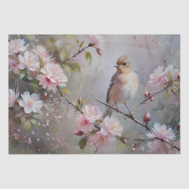 Papel De Seda Pájaros pequeños con flores florecientes (Anverso)