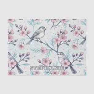 Papel De Seda Pájaros Turquesa Elegantes Flor de Cerezo Rosa