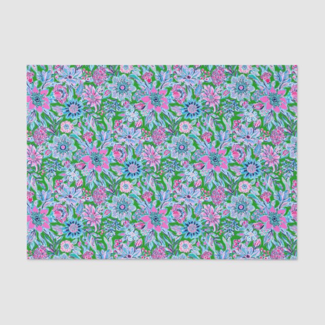 Papel De Seda Palm Beach Preppy Imprime flores rosas y verdes (Anverso)
