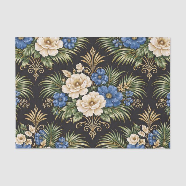 Papel De Seda Palma Floral Azul Tropical (Anverso)