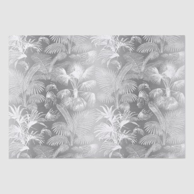 Papel De Seda Palmeras tropicales modernas blancas en plata (Anverso)