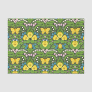 Papel De Seda Pansias amarillas, pájaros y mariposas