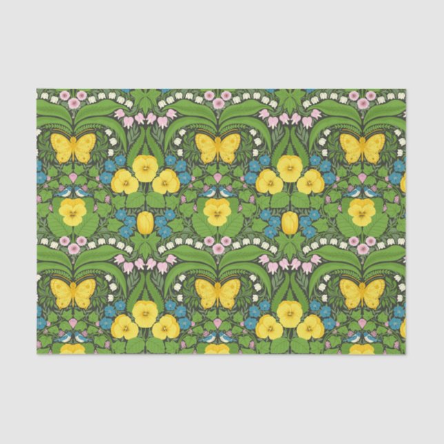 Papel De Seda Pansias amarillas, pájaros y mariposas (Anverso)