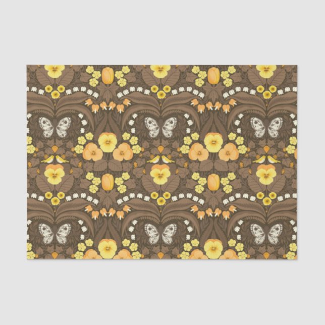 Papel De Seda Pansias amarillas, pájaros y mariposas (Anverso)