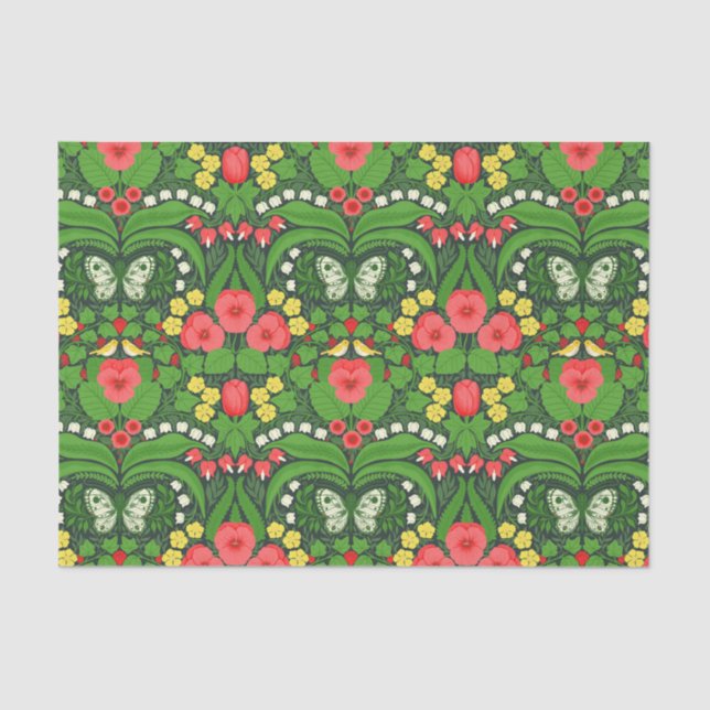 Papel De Seda Pansias rojas, pájaros y mariposas (Anverso)