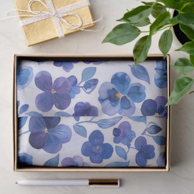 Papel De Seda Pansies de estilo acuarela Impresión Floral Azul P (Regalo )