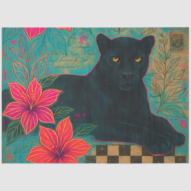 Papel De Seda Pantera negra con flores tropicales | Gótico (Anverso)