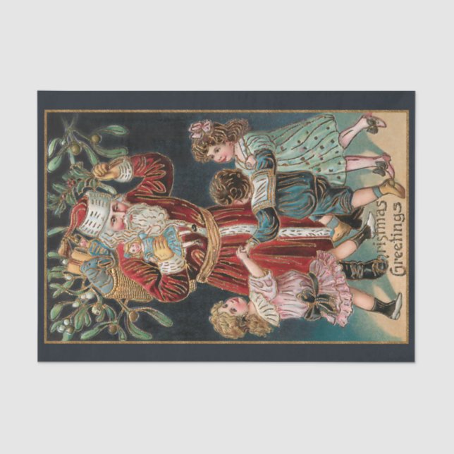 Papel De Seda Papá Navidad con niños bailando y mistletoe (Anverso)