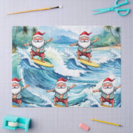 Papel De Seda Papá Noel surfista está en una gran ola en Hawái