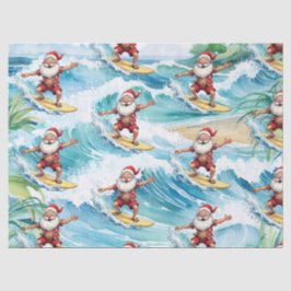 Papel De Seda Papá Noel surfista está en una gran ola en Hawái