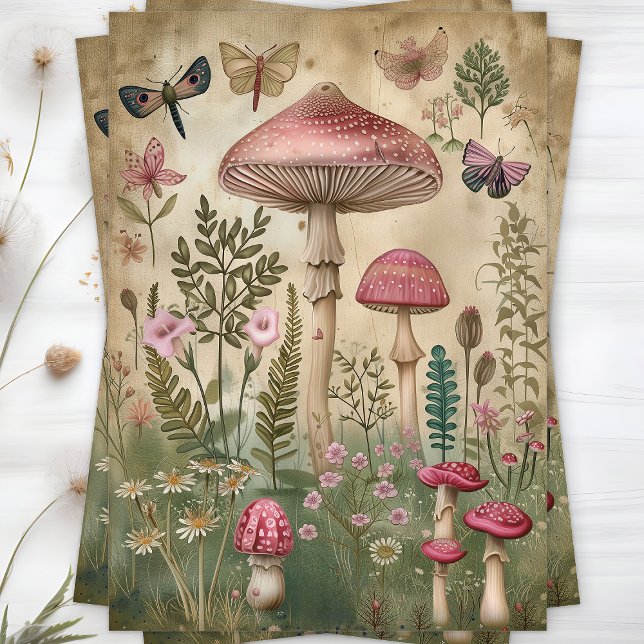 Papel de seda para decoupage de HONGOS DEL BOSQUE  (PINK FOREST MUSHROOMS DECOUPAGE TISSUE PAPER)