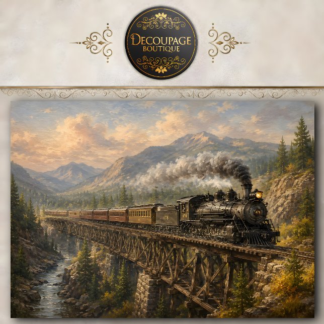 Papel de seda para decoupage de puente de ferrocar (Mountain Railroad Bridge Decoupage Tissue Paper)