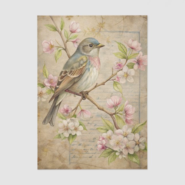 Papel De Seda Parchment with Bird on Branch with Pink Blossoms (Anverso)