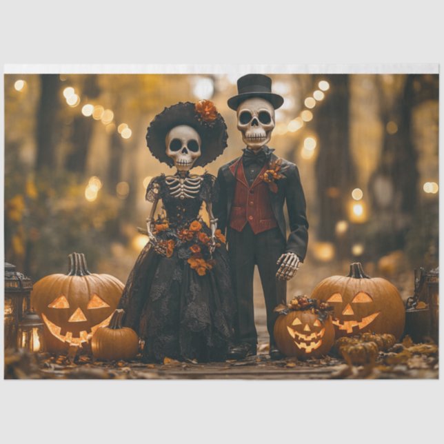 Papel De Seda Pareja de esqueletos de Halloween de desahuciar (Anverso)
