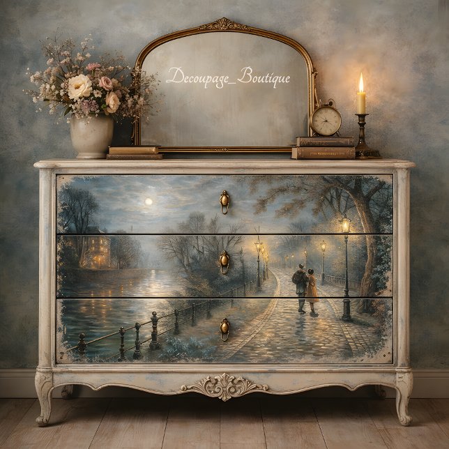 Papel De Seda Pareja iluminada por la luna caminando por el cami (Moonlit Couple Walking Riverside Path Decoupage Tissue Paper Mockup)