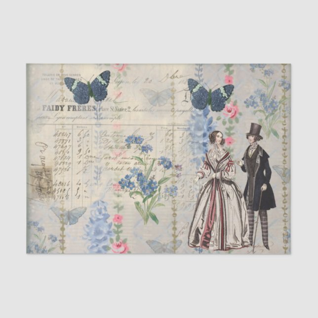 Papel De Seda Pareja victoriana en medio de mariposas azules, fl (Anverso)
