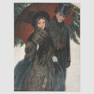 Papel De Seda Pareja Victoriana Vintage Caminando en la Nieve