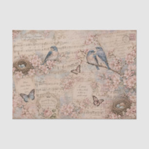Papel De Seda Partitura de flores de cerezo pájaros azules antig