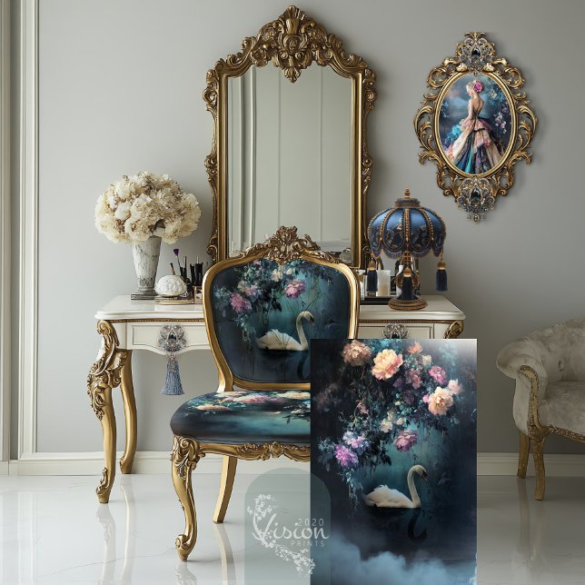 Papel De Seda Paseo por la noche, cisne oscuro de la fantasía de (Evening Stroll, Swan Lake, Ethereal Floral Fantasy Digital Art Decoupage Tissue Paper )