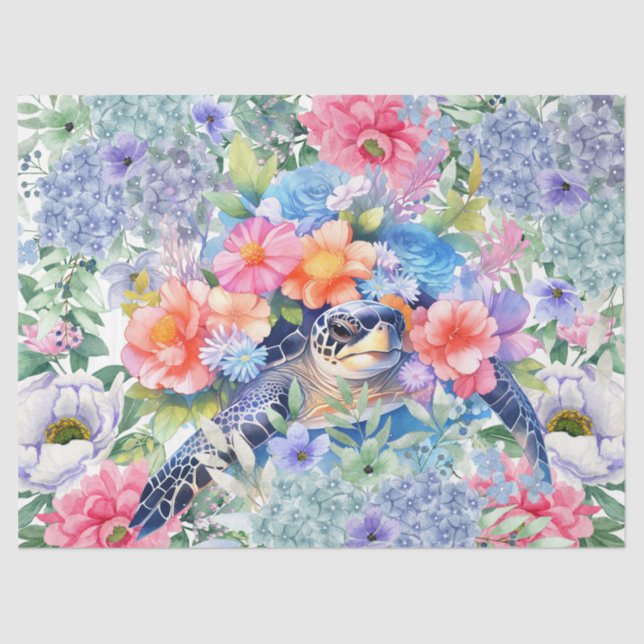Papel De Seda Pastel acuarela Floral Tortugas de mar Decoupage (Anverso)
