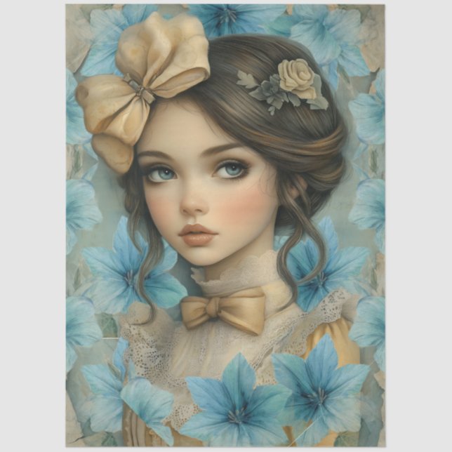 Papel De Seda Pastel Blue Florals & Girl with Flower in Her Hair (Anverso)