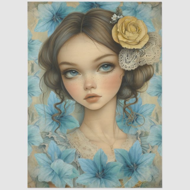 Papel De Seda Pastel Blue Florals & Girl with Flower in Her Hair (Anverso)