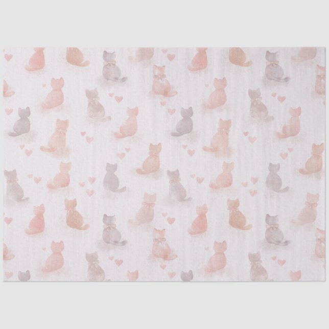 Papel De Seda Pastel Cats and Hearts Tissue Paper (Anverso)