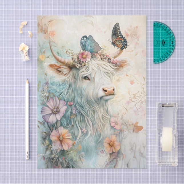 Papel De Seda Pastel Floral Highland Cow Decoupage (Artesanía)