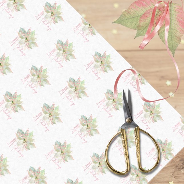 Papel De Seda Pastel Poinsettia Happy Holidays Pink Gold Sage (Subido por el creador)