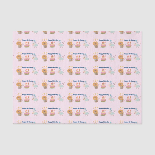 Papel De Seda Pasteles, leones, ovejas y globos Feliz cumpleaños (Anverso)