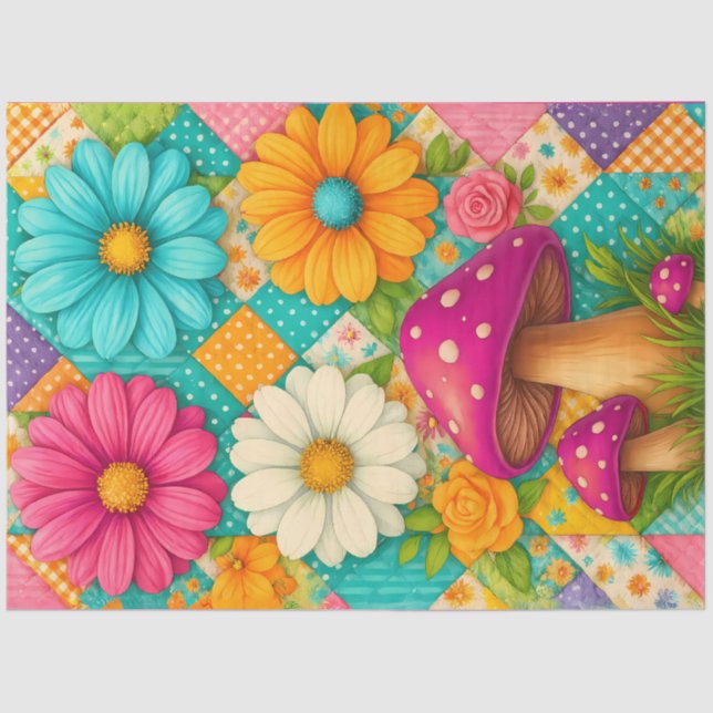 Papel De Seda Patchwork Garden – Whimsical Floral & Mushroom (Anverso)