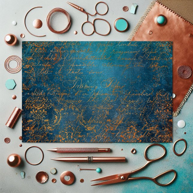 Papel De Seda Patina de cobre grunge y caligrafía turquesa (Grunge Copper Patina and Turquoise Calligraphy Tissue Paper)